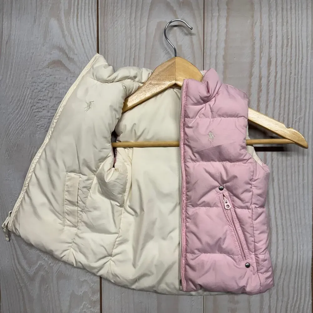 Ralph Lauren Girls Reversible Puffer Toddler 2/2T Duck Down Vest White Pink